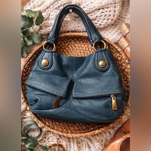 Cynthia Rowley Teal Blue Leather Shoulder Bag Boho Slouchy Brass Hardware